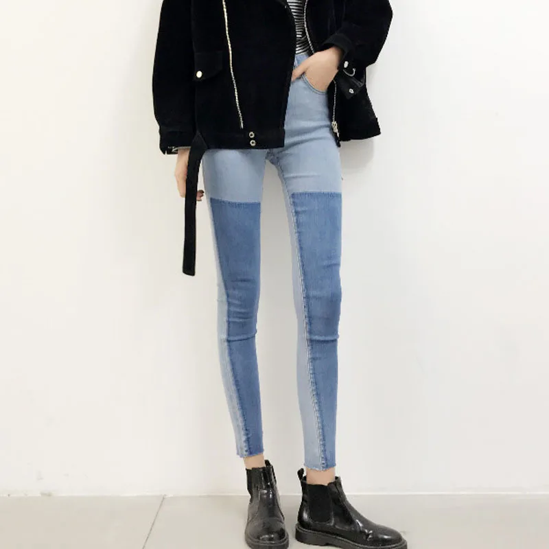 The new 2016 Fashion College of the wind was thin waist pencil stitching hit color jeans
