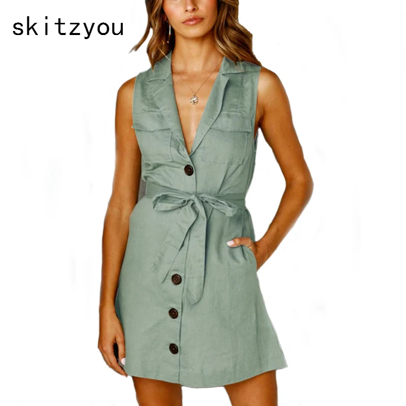 Skitzyou пикантные V средства ухода за кожей Шеи для женщин летнее платье черного цвета Тонкий рукавов кнопка спереди Мини Винтаж ПР роковой купить на AliExpress