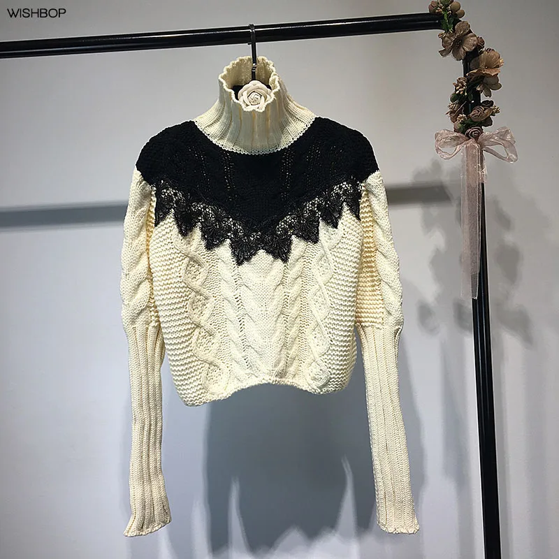 

2017FW Latest Design Beige Cropped Cable Knitted Twisted SWeater High Neck Front with Black Lace Patchwork Long Puff Sleeves top