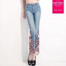 6XL размера плюс летние эластичные джинсы с высокой талией, украшенные бисером и кружевом, брюки длиной до щиколотки, женские джинсы с цветочной вышивкой w1064