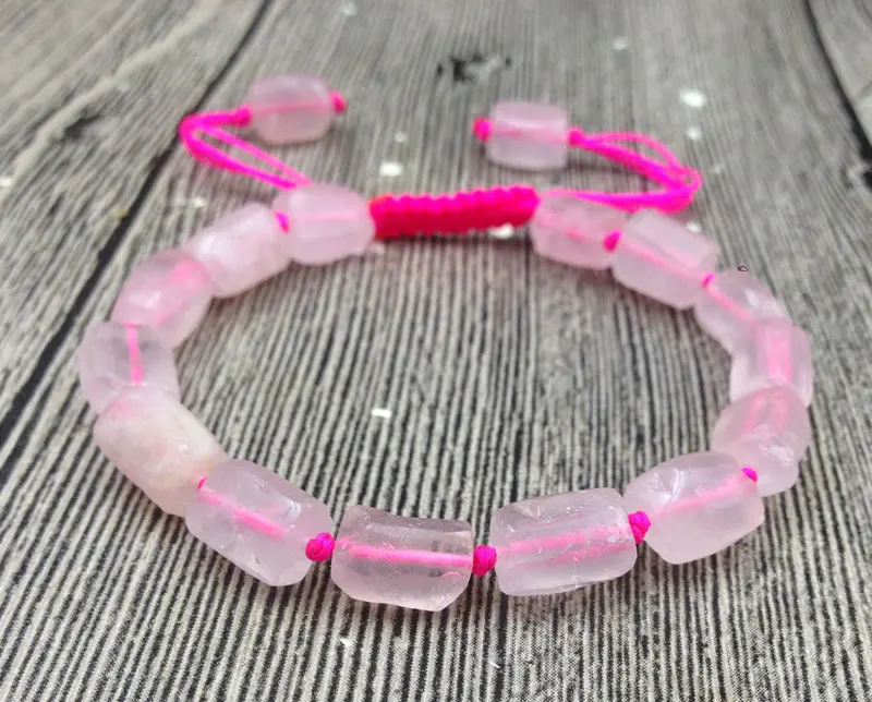 

YA3045 Natural Rough Rose Quartzs Stone Cord Knotted Adjustable Bracelet 6.5inch long
