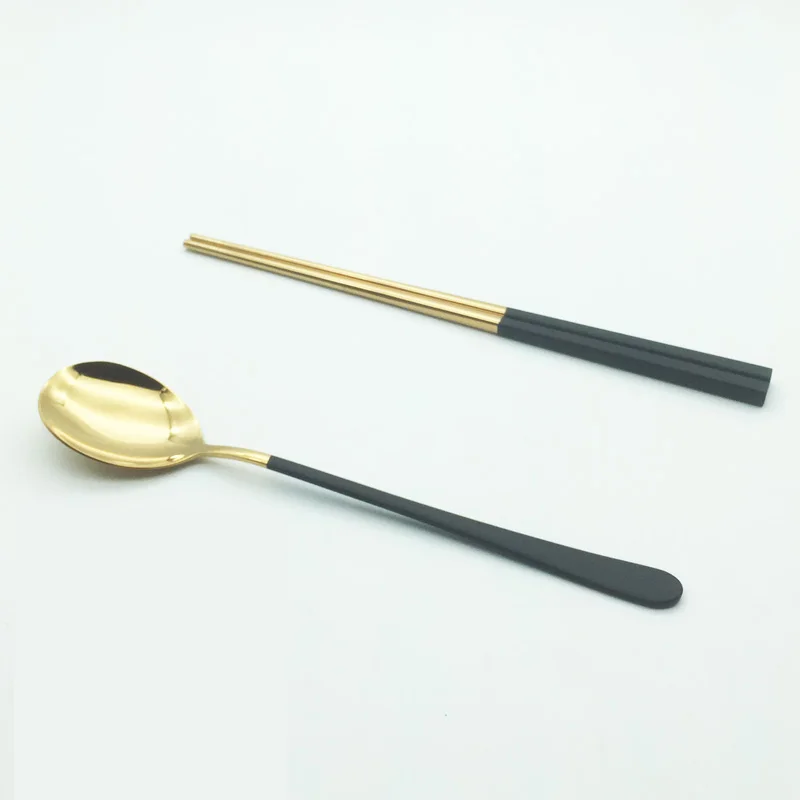 2 PCS Balck-Gold CHANOVEL 4 шт./компл. набор посуды 304 Нержавеющая сталь черный набор столовых приборов Ножи набор вилок столовые приборы Золотой палочки дозирующая детская ложка для Прямая - Цвет: 2 PCS Balck-Gold