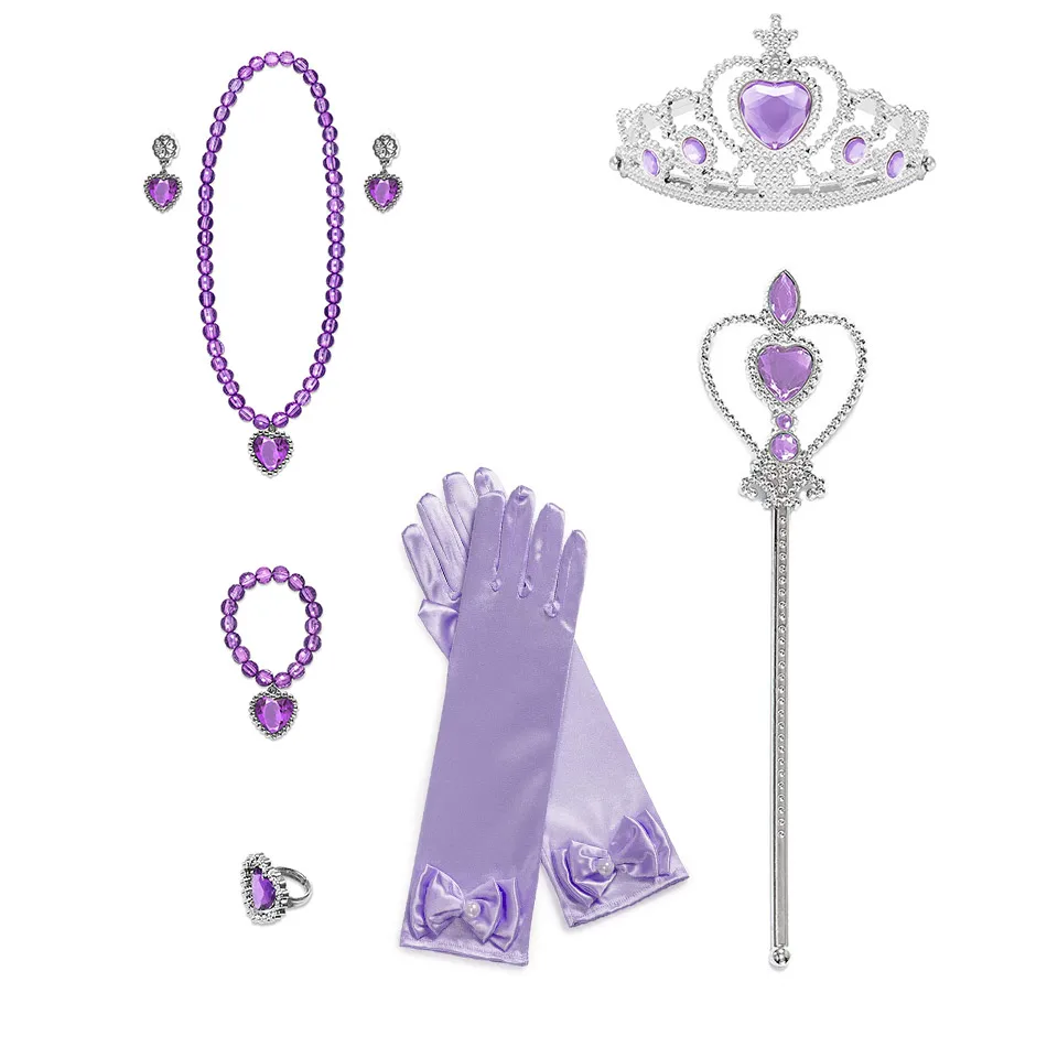 VOGUEON Girls Belle Sofia Elsa Aurora Princess Accessories Magic Wand Crown Necklace Gloves Rings Earrings Set Children Dress UP