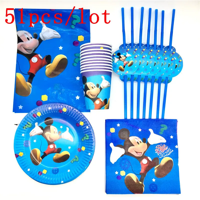 

Mickey Theme 51PC\lot Kids Favors Paper Cup Plates Baby Shower Glass Decoration Tablecloth Napkins Birthday Straw Party Supplies