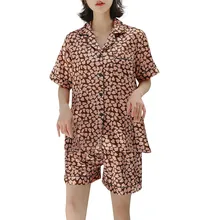 Для женщин моделирование шелк печати пижамы с принтом пижамы комплект одежды для сна короткий рукав лето шифоновое платье 40mi01