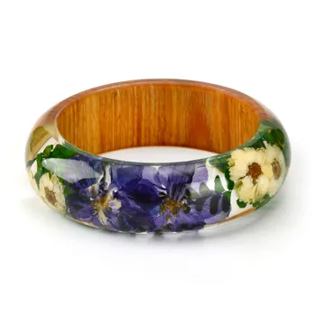 

2018 New Handmade Resin Bangle Bracelet Mixed Dried Flower Purple Pink Green Leaf Bohemia Style Jewelry for Christmas Gift