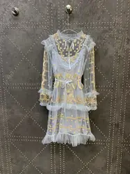 Новинка 2019 года кружево сетки марли Раффлед Вышивка женское платье Бесплатная доставка
