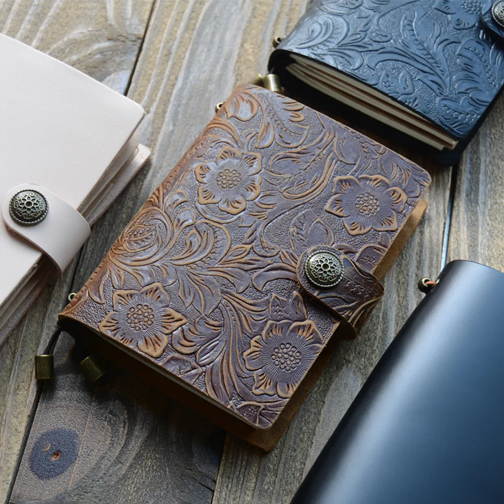 

Climemo Genuine Leather Notebook, Handmade Carved Bullet Journal, Retro Diary For Travel, Cowhide Passport Size 13.5*10cm