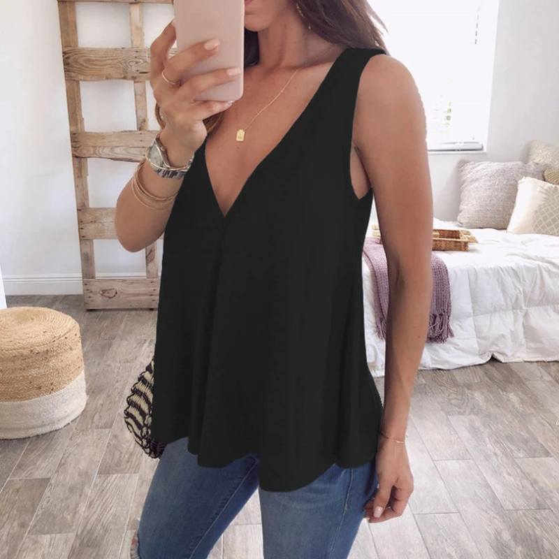 

2019 summer chiffon shirt simple fashion temperament jacket deep V-neck sleeveless loose solid color vest ladies clothing