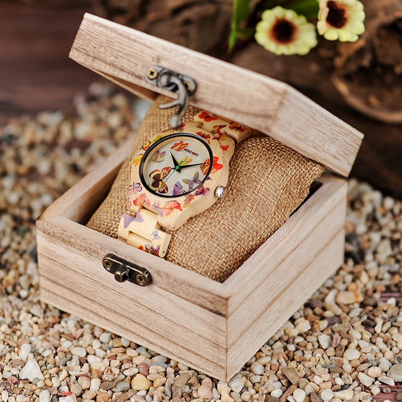 BOBO BIRD O20 женские часы с принтом бабочки, все бамбуковые кварцевые наручные часы для женщин в деревянной подарочной коробке