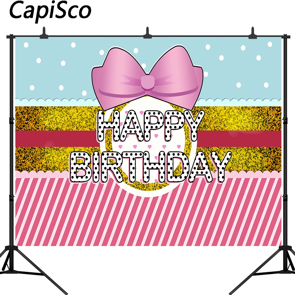 

Capisco Photography Backdrop Baby Happy Birthday Party Banner Photo Background Pink Bow Wave Point Decoration Photobooth