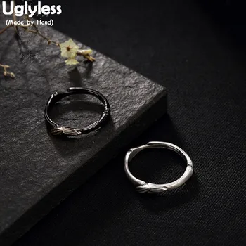 

Uglyless Real 925 Sterling Silver Pandas Favorite Bamboo Rings Handmade Engraved Leaves Opening Finger Ring Unisex Ethnic Bijoux