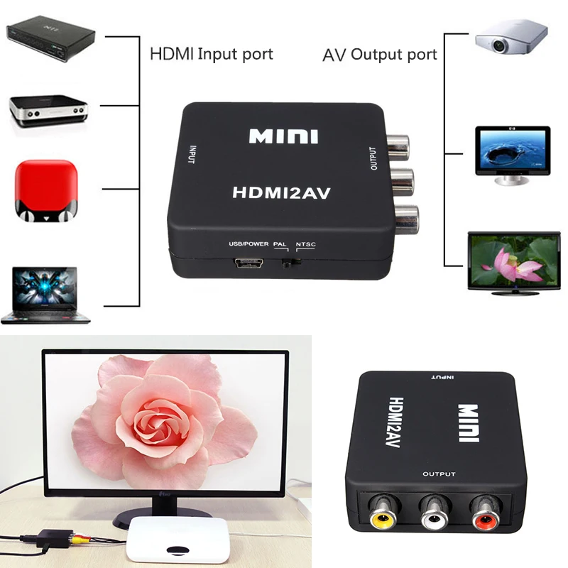 Мини HDMI к 3RCA CVBS композитный видео AV конвертер адаптер ТВ VHS VCR DVD черный