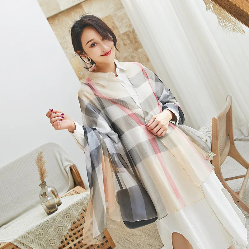 

2019 New Spring Scarf Korean Version Gradually Long Beach Plaid Scarf Sunscreen Scarf Shawl Women Imitated Silk Joker Shawl