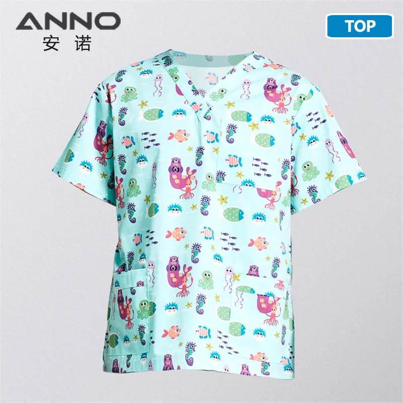ANNO, хлопковая Больничная Униформа с мультяшным медведем, здоровая форма для ухода за здоровым здоровьем, медицинская, для женщин, мужчин, скрабы, короткий рукав, медиальный костюм - Цвет: HaiDiShiJie-Top