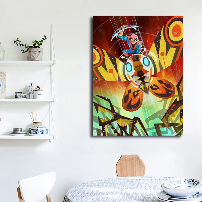 Us 5 64 6 Off Team Spider Man And Mothra Canvas Painting Print Bedroom Home Decor Modern Wall Art Oil Painting Poster Salon Picture Framework In