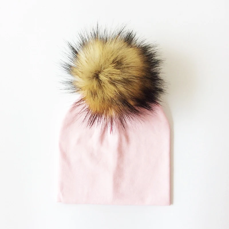 Autumn Winter Boy Girl Faux Raccoon Fur Cotton Kids Caps Baby Beanie Hats With Pompon Children's Accessories baby hat knit hat