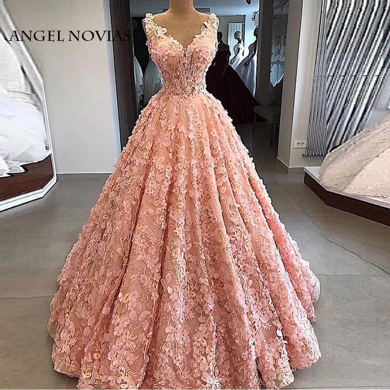 

ANGEL NOVIAS Long Customized V Neck 3D Lace Abendkleider Arabic Elegant Evening Dress 2019 Galajurk