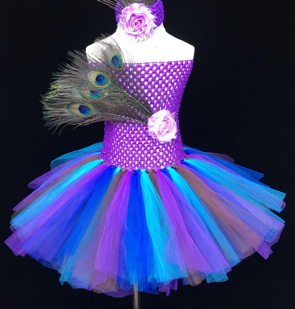 Милое Платье-пачка с перьями павлина для девочек комплект цветковых оголовьев из 2 слоев пышного тюля для маленьких детей, нарядное платье для дня рождения
