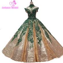 Emerald Green Lace Necklace High Neck And Gold Sequins Party Girl Evening Prom Dress Puffy Ball Gown Waves Arch Skirt Prom Gown puffy white tulle high low flower girl dress bling golden sequins floral little kid birthday evening party gown with headpiece