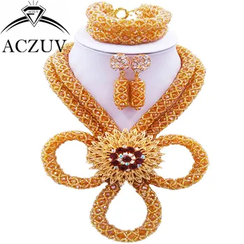 

ACZUV Champagne Gold AB African Beads Jewelry Set for Women Nigerian Wedding Necklace Bridal Jewelry Sets BZK001