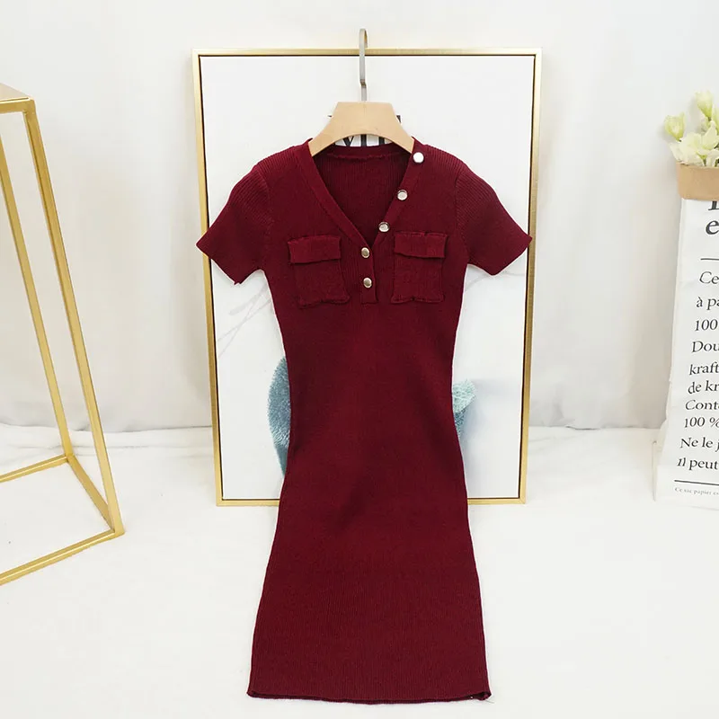 

MVGIRLRU Women's Knitting V-neck Short Sleeve Slim Mid-length Dress Pokkets Buttons Package Hip Dress