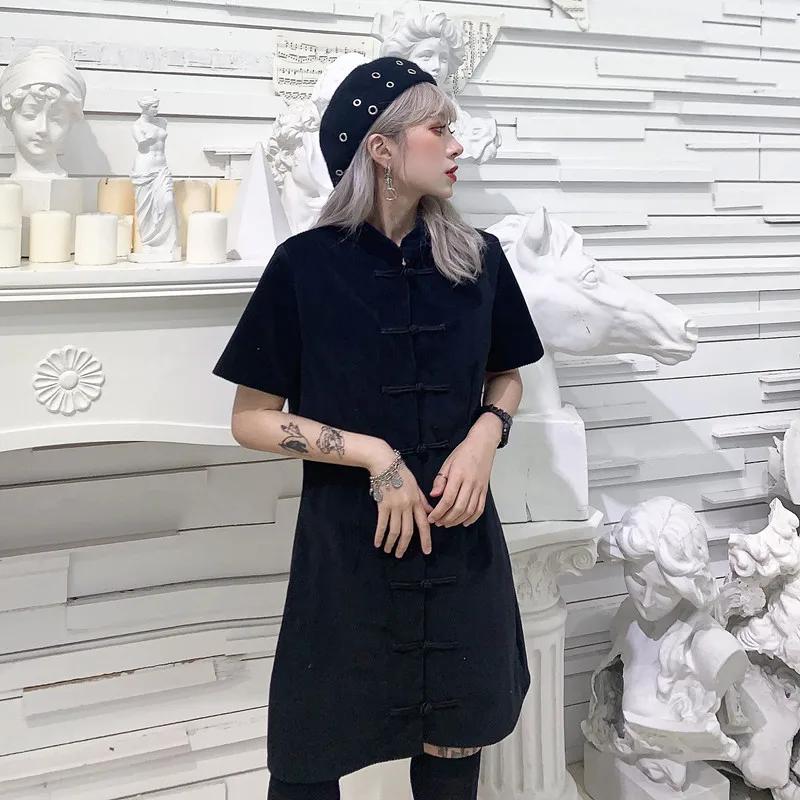 Китайский стиль темные платья для женщин Harajuku Вельветовая короткая рукав платье