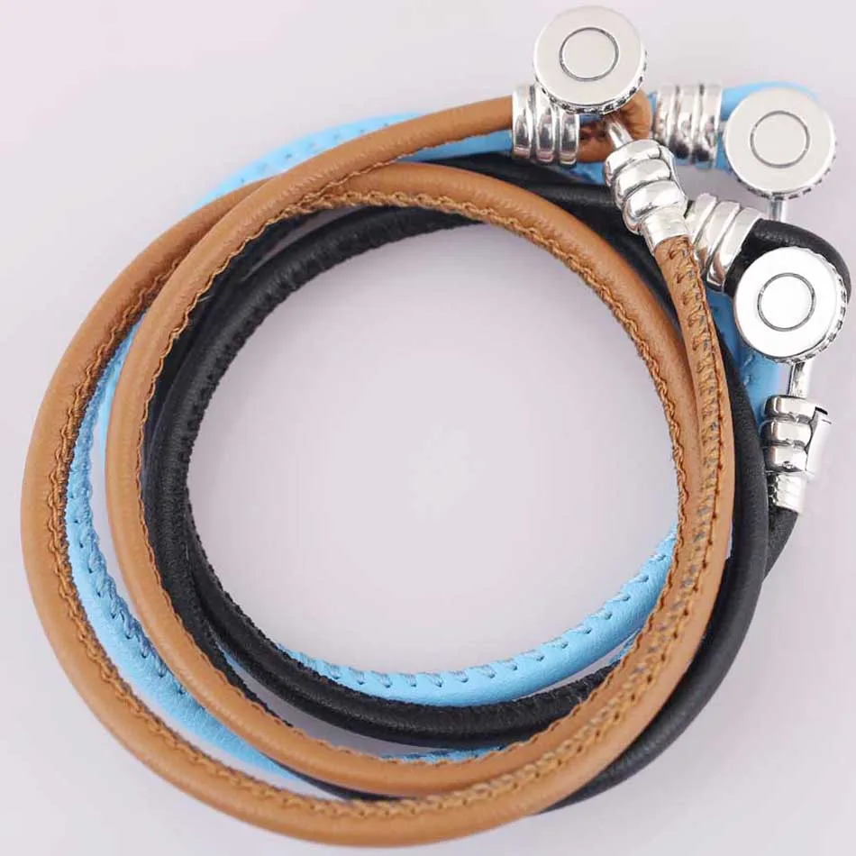 

Multicolor Double Leather With Logo Button Clasp Bracelet Bangle Fit Bead Charm Original Jewelry 925 Sterling Silver Bracelet