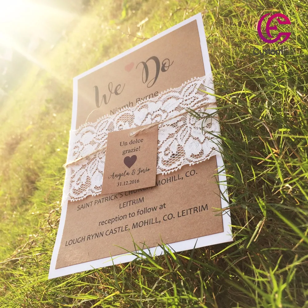 

50pcs/lot Personalized invitation two layers invitation handmade craft paper with lace decoration including tag and strings
