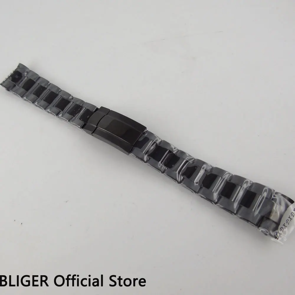 

BLIGER Black Full Stainless Steel PVD Watch Bracelet Folding buckle Mens Watch Band Top Brand 20MM Watch Strap For Watches ST24
