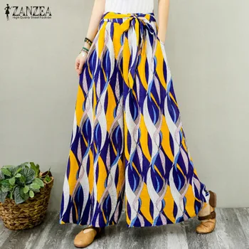 

2020 ZANZEA Summer Bohemian Wide Leg Pants Women Floral Printed Flare Trousers Elastic Waist Lace Up Pants Casual Beach Pantalon