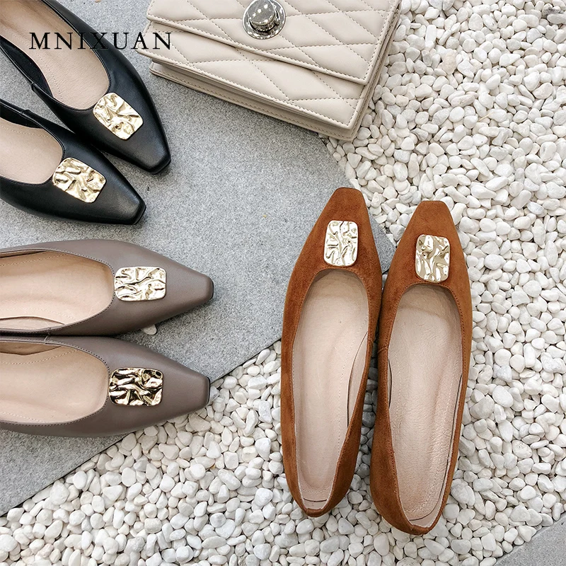 

MNIXUAN Casual women shoes flats loafers 2019 new square toe real leather slip on metal decoration shallow shoes plus size 34-43