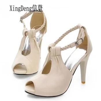 

XingDeng New Sexy Women High Heels Summer Sandals Shoes Fashion Ankle Strap Peep Toe Sandals Shoes Plus Size 33-43
