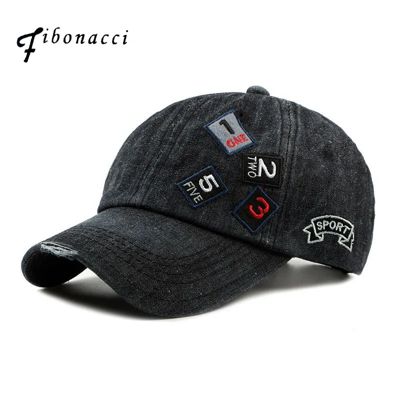 

Fibonacci Washed Cotton Denim Baseball Cap Casual Snap back Hats for Women Men Letter Drake Hat