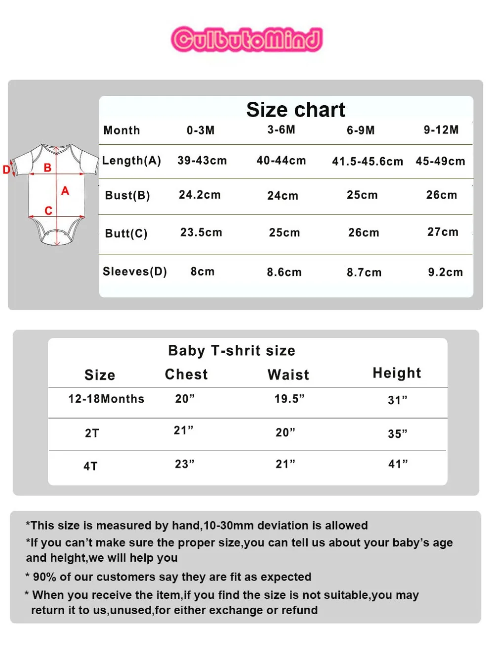 T shirt and bodysuit size chart