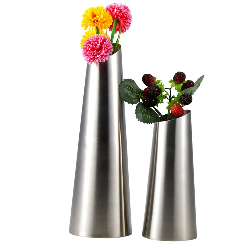 Free Shipping Stainless Steel Vase Home Decor flower Vase 1 Piece 2 Sizes Oblique Opening