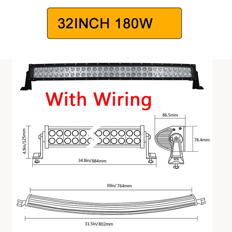 Auxtings 21 большие размеры 32-42, 50 52 дюймов изогнутый СВЕТОДИОДНЫЙ светильник баров комбо 120W 180W 240W 300W Dual Row вождения по бездорожью Автомобиль Грузовик 4x4 ATV внедорожник 12V - Цвет: 180W with wiring