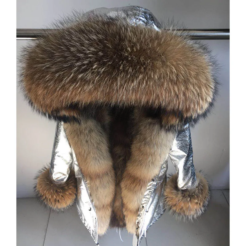 

2019 Parka Bwinter Jacket Women Coat Silver Fox Fur Collar Hood Raccoon Fur Liner Outerwear Thick Casual Detachable Brand New