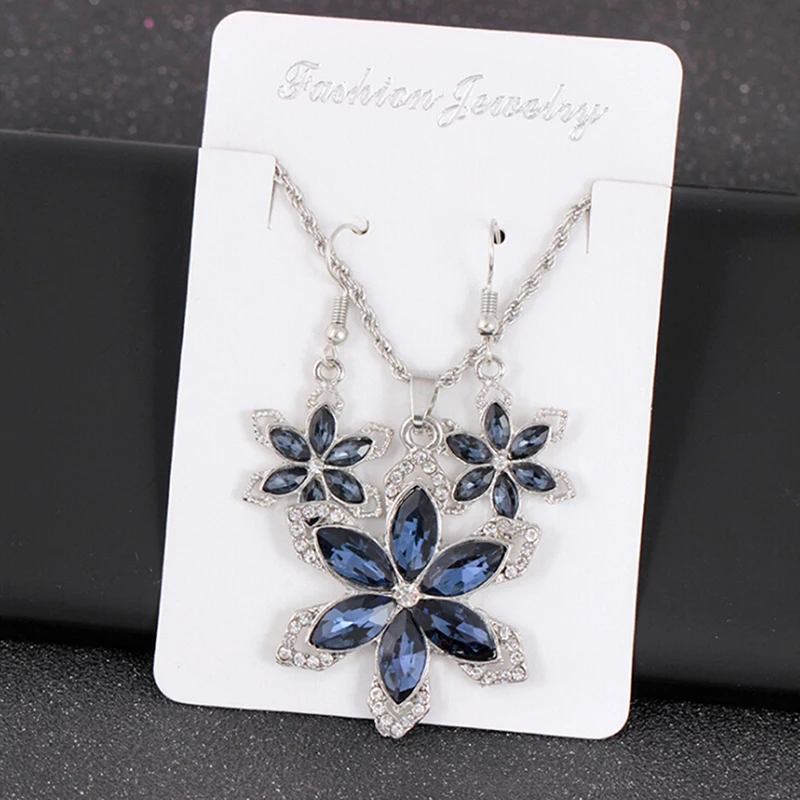 Blue Crystal Flower Necklace Big Earring Jewelry Set For Women Romantic Bride Sets Wedding Jewelry Hot Sale