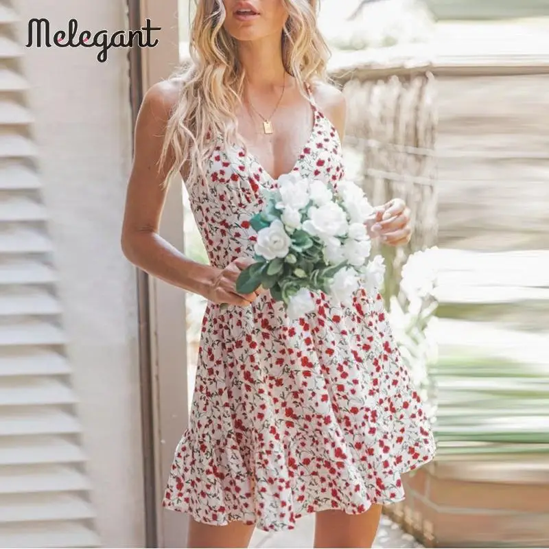 

Melegant Summer 2019 Floral Ruffle Sexy Women Dress Spaghetti Strap Female Beach Dress Button French Dresses Vestidos