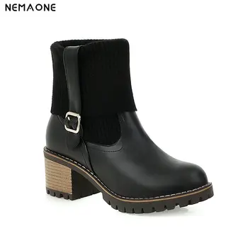 

NEMAONE ankle knitting high heels Women Boots Autumn Winter warm ladies Boots Party dress Shoes Woman large zie 34-43
