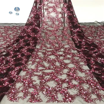 

Tollola 2019 New Design African Lace Fabric High Quality French Wine Color Embroidered Tulle Lace Fabric with Sequins