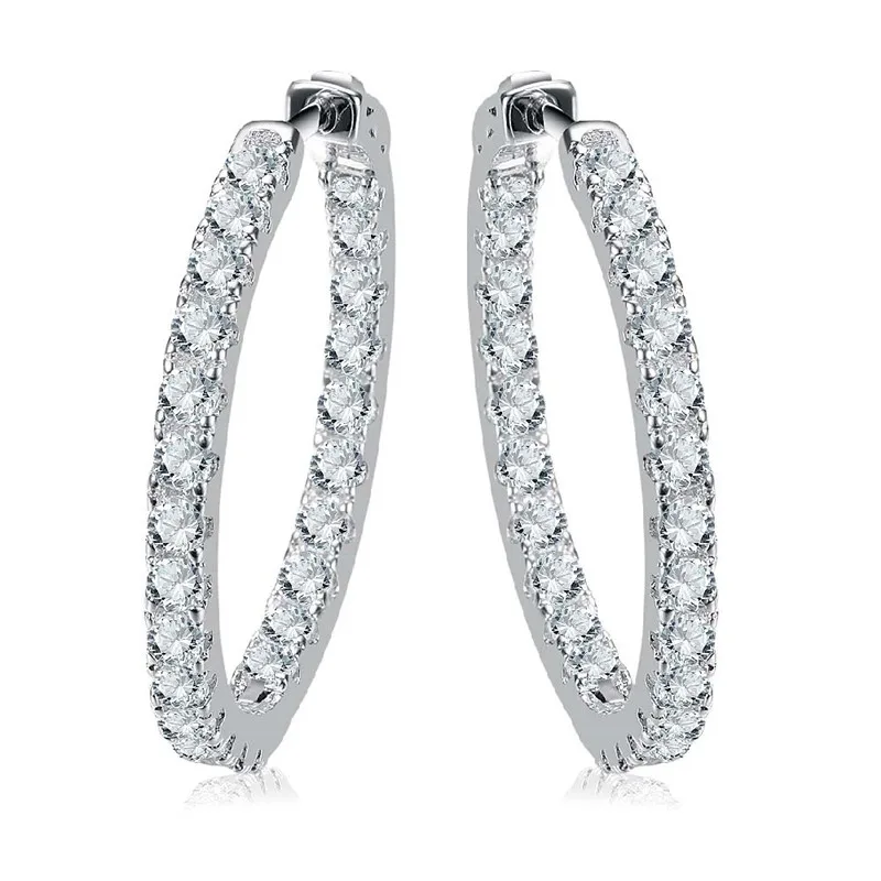 

Original Real 925 Sterling Silver Hoop Earrings With Full Clear CZ For Women Eternity Authentic Fine Jewelry Round Silver Hoops