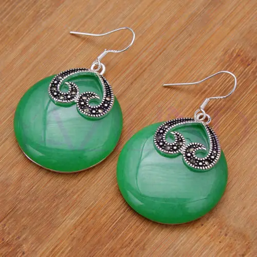 

whosale vintage green Natural jade elegant royal Tibet silver earrings
