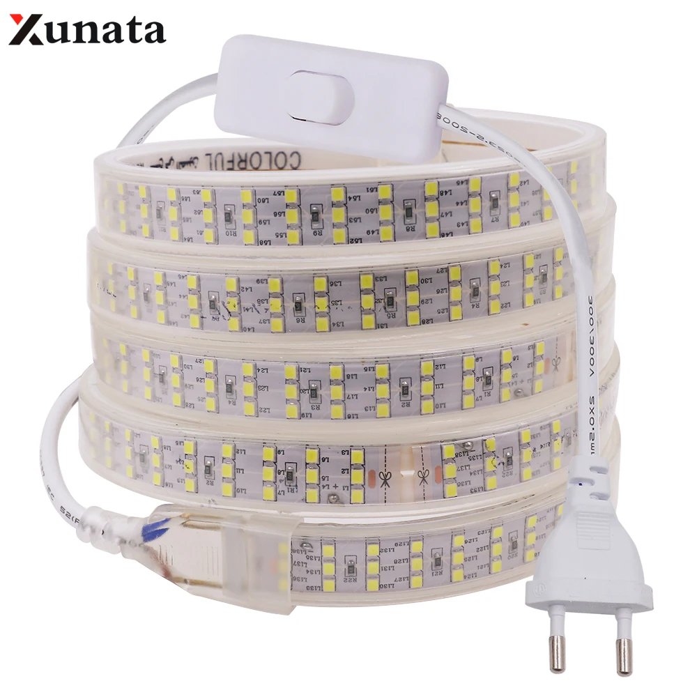 

AC220V Three Row LED Strip Waterproof SMD 2835 Ribbon Tape 276Leds/m EU Plug Flexible Led Light Strip Home Decor With Switch