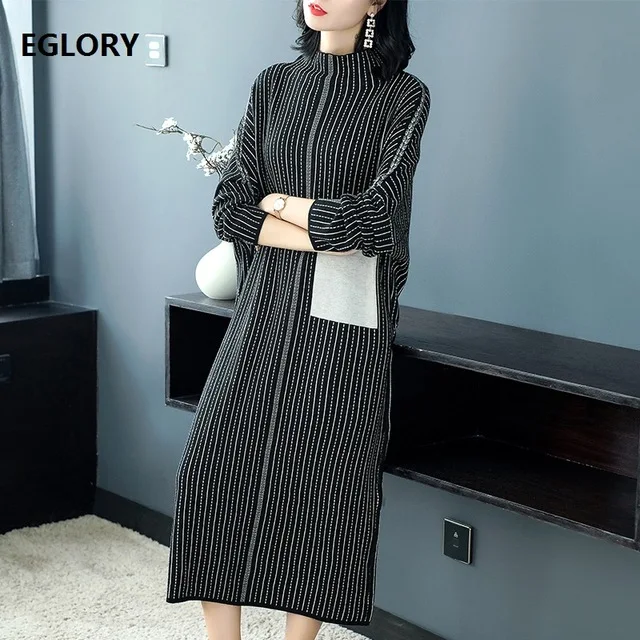 

Turtleneck Sweater Dress 2018 Autumn Winter Plus Size Women Batwing Sleeve Sweaters Knitted Striped Dress Casual Vestidos Femme