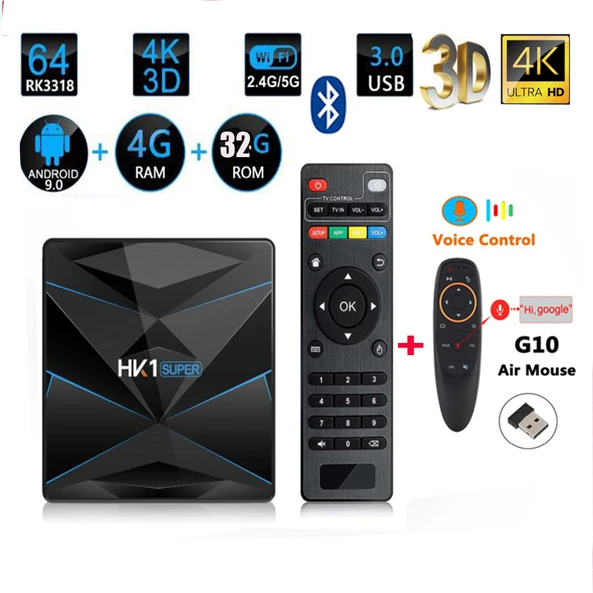 HK1 супер Android 9,0 google tv box RK3318 4K 3d Поддержка bluetooth опционально 5g wifi и голосовая воздушная мышь Netflix box youtube rk3318 - Цвет: 4G 32G G10