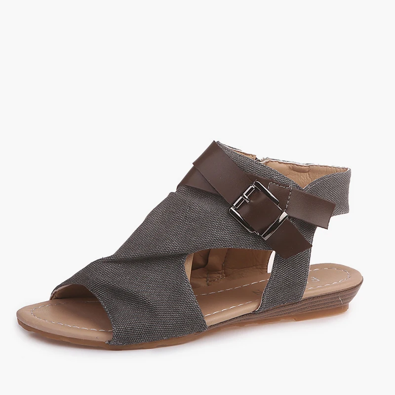 

Womens Summer Sandals Canvas Zip Peep Toe Buckle Strap Shoes Female Open Toe Flats Rome Beach Casual Breathable Footwear Ladies