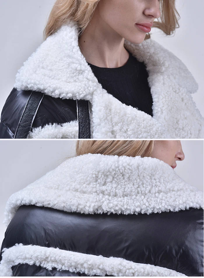 Однотонное пуховое пальто на молнии спереди с двумя линиями из овечьего меха Повседневная однотонная блуза с длинным рукавом Женское пальто одежда осеннее Женское пальто