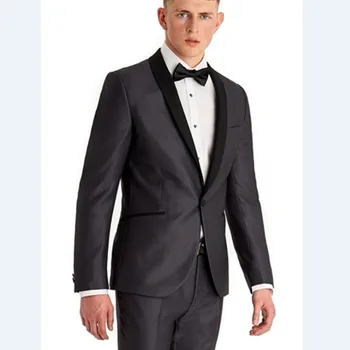 Najtaniej New Arrival Groomsmen Szal Czarny Lapel Groom Smokingi Ciemny Szary Mężczyźni Garnitury ślubne Najlepszy Człowiek Garnitur (kurtka + Spodnie + Krawat + Chusteczka)
